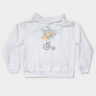 Abstract illustration of retro bicycle, colorful shapes and transparent circles Kids Hoodie